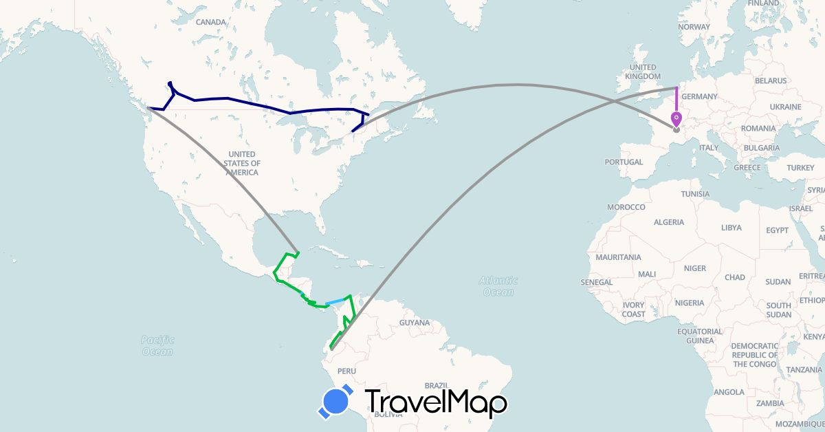 TravelMap itinerary: driving, bus, plane, train, boat, hitchhiking in Canada, Colombia, Costa Rica, Ecuador, France, Guatemala, Mexico, Nicaragua, Netherlands, Panama (Europe, North America, South America)